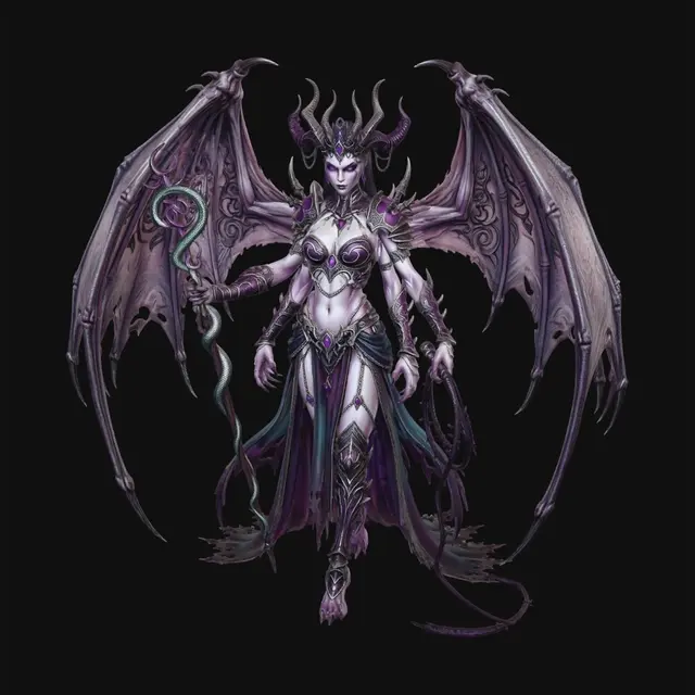 3D model for Winged Slaanesh Daemon Princess. For use in tabletop games. snake like and very feminine