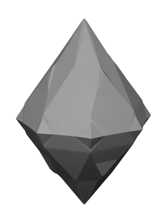 3D model for A faceted magical crystal gem, sharp clean geometric facets, elongated diamond shape, smooth low-poly topology, neutral light-gray material, game asset