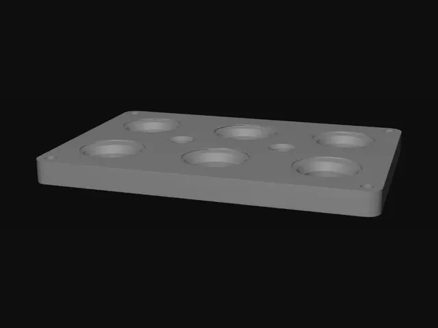 3D model for Flat rectangular plate, 5mm thick, with 6 evenly spaced circular through-holes arranged in a 2-column by 3-row grid. Each hole is 39mm in diameter. The plate surface is smooth and uniform. Hard surface, industrial part, clean geometry, no texture detail, matte grey material.