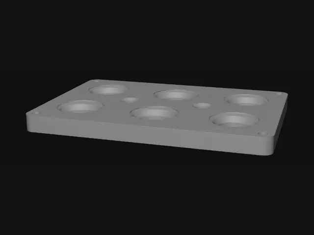 3D model for Flat rectangular plate, 5mm thick, with 6 evenly spaced circular through-holes arranged in a 2-column by 3-row grid. Each hole is 39mm in diameter. The plate surface is smooth and uniform. Hard surface, industrial part, clean geometry, no texture detail, matte grey material.