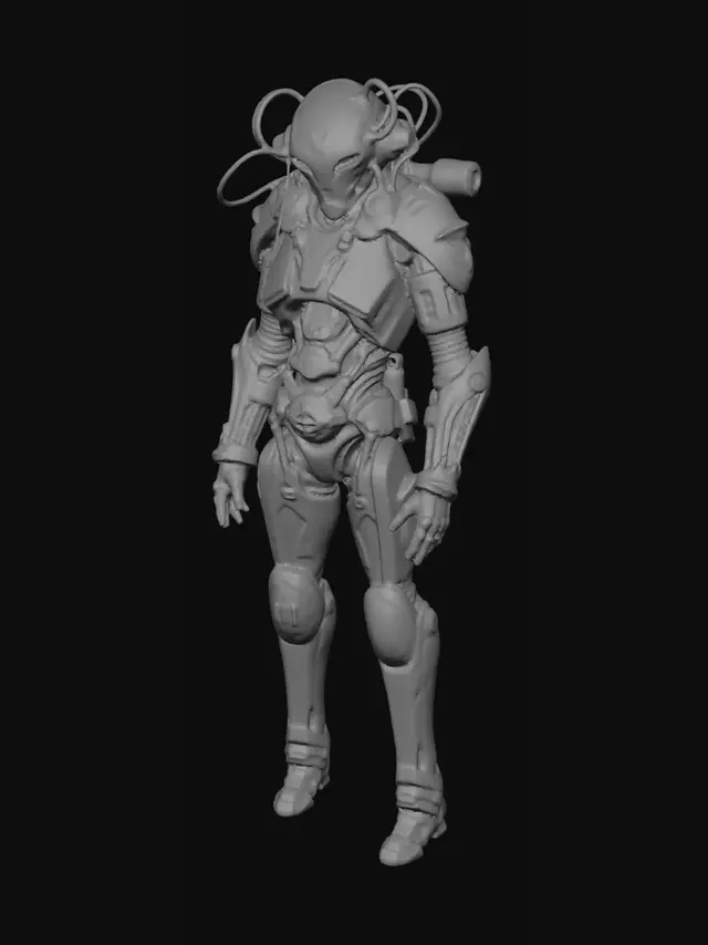 3D model for Industrial grebles, futuristic paneling, worn metal textures, and functional utilitarian lighting. H. R. Giger style alien futurism