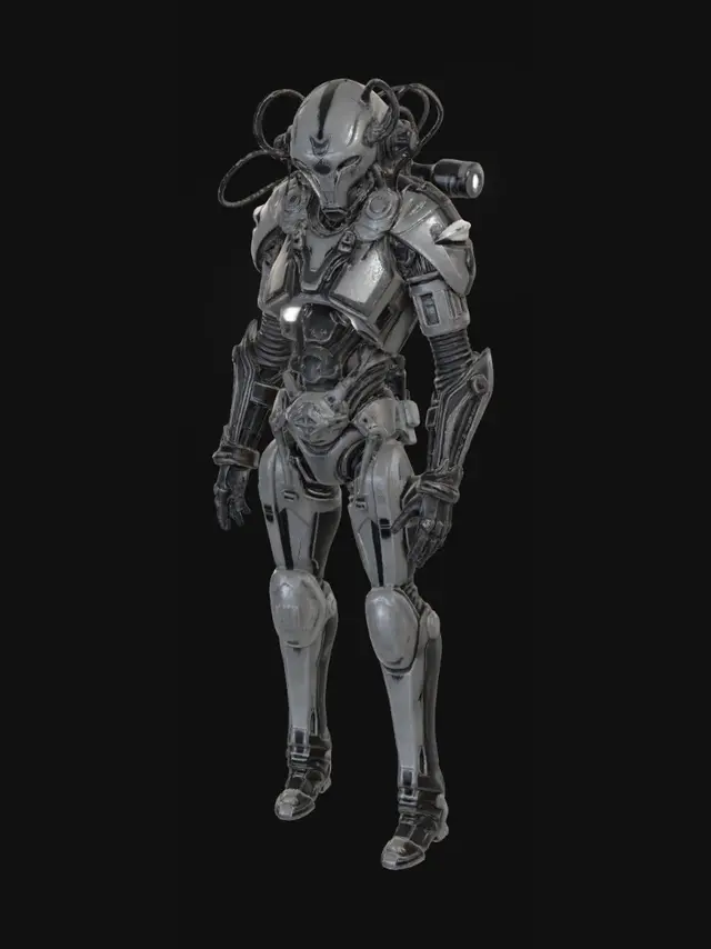 3D model for Industrial grebles, futuristic paneling, worn metal textures, and functional utilitarian lighting. H. R. Giger style alien futurism