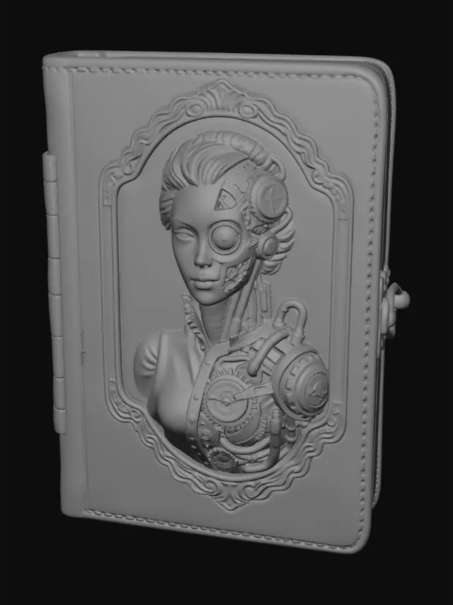 3D model for A closed leather bound ambrotype case that features a low relief, 3/4 proportion bust image of a victorian era woman that is half human and half steam-punk mechanics on the front of the case.  The back of the case features a low relief image of a steam powered sedan driving down a country road.  The case should be 3" tall, 2" wide, and .5" deep.  The case opens like a book, and has a hinge for the case is on the left hand side and there is a brass clasp on the right hand side