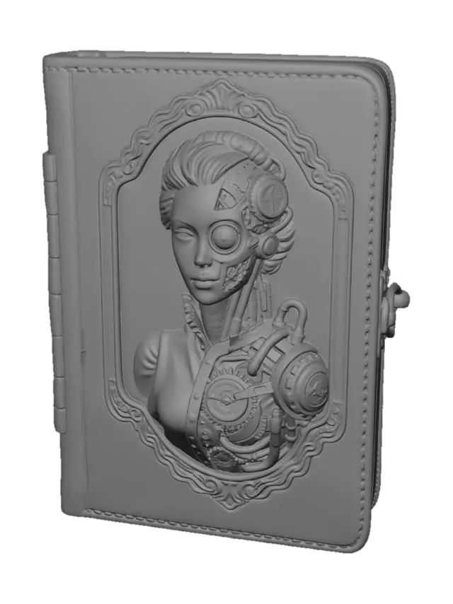 3D model for A closed leather bound ambrotype case that features a low relief, 3/4 proportion bust image of a victorian era woman that is half human and half steam-punk mechanics on the front of the case. The back of the case features a low relief image of a steam powered sedan driving down a country road. The case should be 3" tall, 2" wide, and .5" deep. The case opens like a book, and has a hinge for the case is on the left hand side and there is a brass clasp on the right hand side