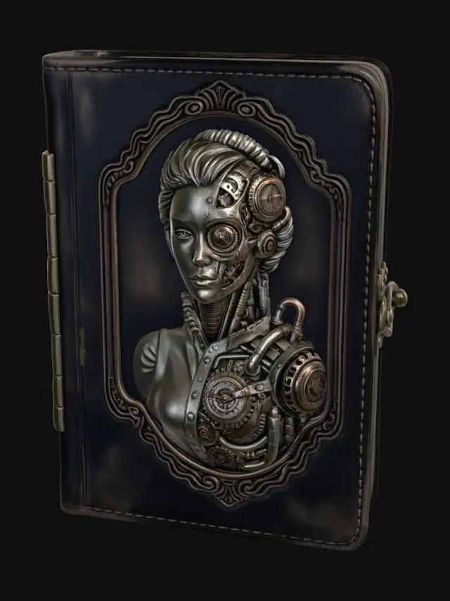 3D model for A closed leather bound ambrotype case that features a low relief, 3/4 proportion bust image of a victorian era woman that is half human and half steam-punk mechanics on the front of the case.  The back of the case features a low relief image of a steam powered sedan driving down a country road.  The case should be 3" tall, 2" wide, and .5" deep.  The case opens like a book, and has a hinge for the case is on the left hand side and there is a brass clasp on the right hand side