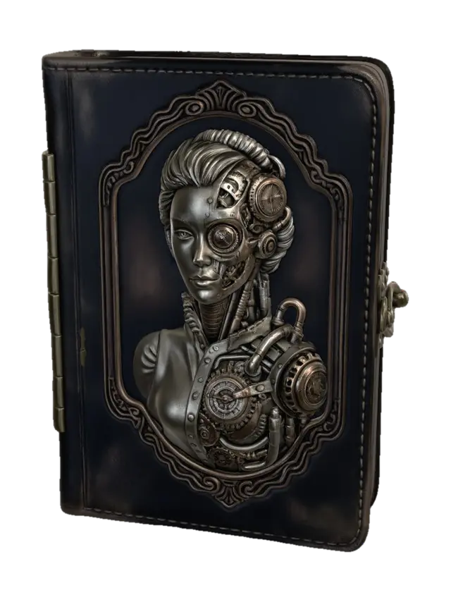 3D model for A closed leather bound ambrotype case that features a low relief, 3/4 proportion bust image of a victorian era woman that is half human and half steam-punk mechanics on the front of the case. The back of the case features a low relief image of a steam powered sedan driving down a country road. The case should be 3" tall, 2" wide, and .5" deep. The case opens like a book, and has a hinge for the case is on the left hand side and there is a brass clasp on the right hand side