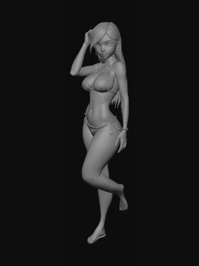 3D model for a girl in green bikini, covered in blue skin, perfect body, curvy, orange straight hair, pretty eyes