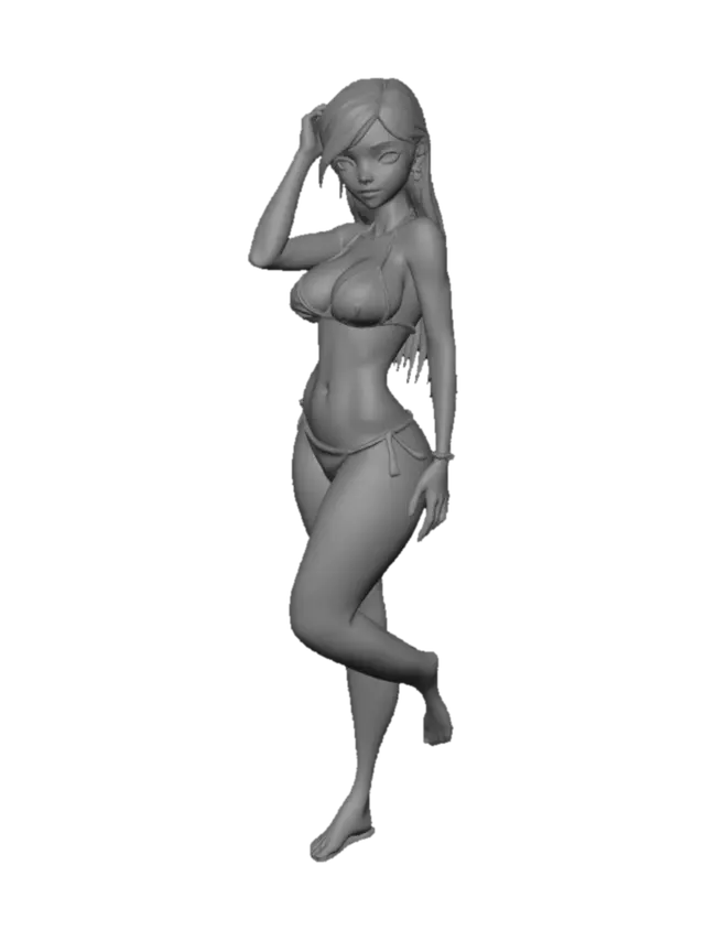 3D model for a girl in green bikini, covered in blue skin, perfect body, curvy, orange straight hair, pretty eyes