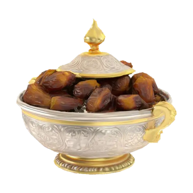 Dried dates in an ornate silver bowl with a golden lid, realistic texture, suitable… - Arab 3D model, vytvořený pomocí AI