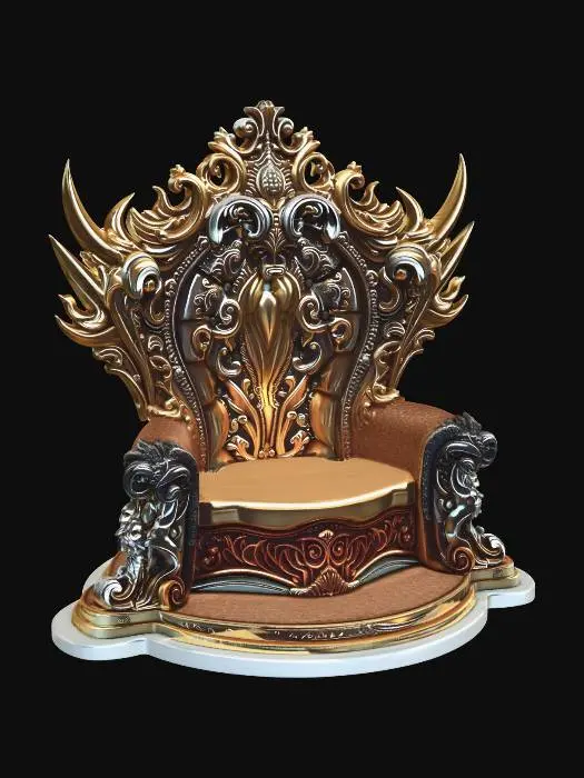 3D model for A large fantasy throne split down the center into two contrasting halves. The left side is radiant gold, ornate and regal, covered in intricate baroque carvings, flowing filigree, and engraved sun motifs. The right side is sleek silver, futuristic and angular, with sharp edges, mechanical paneling, glowing seams, and subtle sci-fi detailing.
The seam where the two halves meet is unstable, with energy cracking, blending, and distorting the materials. The throne is a grand chair split into two atmospheres: the gold side is warm, radiant, and divine with soft glowing light rays while the silver side is cool, dark, and futuristic with faint blue lighting. Symmetrical but with organic imperfections at the center divide. ultra-detailed materials volumetric lighting, depth, and high realism