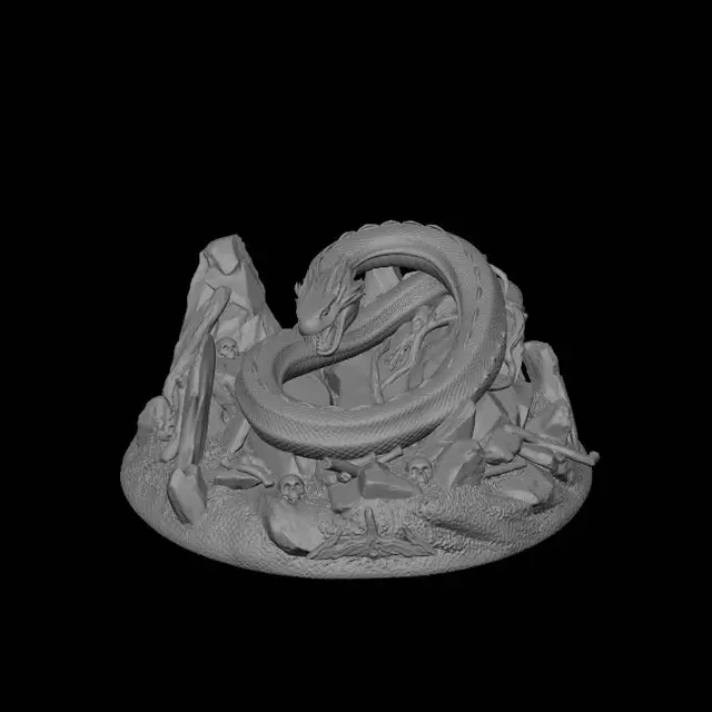 3D model for A dramatic diorama featuring a colossal serpent tightly coiled around jagged rocks in a dense jungle clearing. Its massive scales shimmer with deep emerald, bronze, and black tones, each scale highly textured and weathered. The snake’s enormous body loops in layered coils, creating a sense of crushing weight and power. Its head rises above the scene with piercing glowing eyes, flared fangs, and a partially open mouth revealing curved venomous teeth. Thick vines hang from ancient trees while mist curls around the lower coils. Broken stone ruins and scattered bones hint at past victims. Dim shafts of sunlight pierce through the canopy, reflecting subtly off the serpent’s scales and wet jungle floor, creating a tense, cinematic atmosphere.