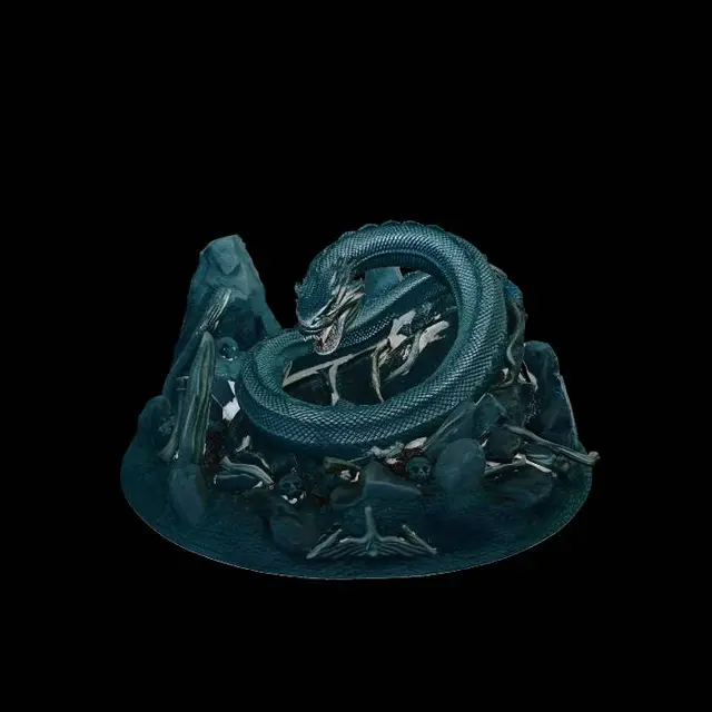 3D model for A dramatic diorama featuring a colossal serpent tightly coiled around jagged rocks in a dense jungle clearing. Its massive scales shimmer with deep emerald, bronze, and black tones, each scale highly textured and weathered. The snake’s enormous body loops in layered coils, creating a sense of crushing weight and power. Its head rises above the scene with piercing glowing eyes, flared fangs, and a partially open mouth revealing curved venomous teeth. Thick vines hang from ancient trees while mist curls around the lower coils. Broken stone ruins and scattered bones hint at past victims. Dim shafts of sunlight pierce through the canopy, reflecting subtly off the serpent’s scales and wet jungle floor, creating a tense, cinematic atmosphere.