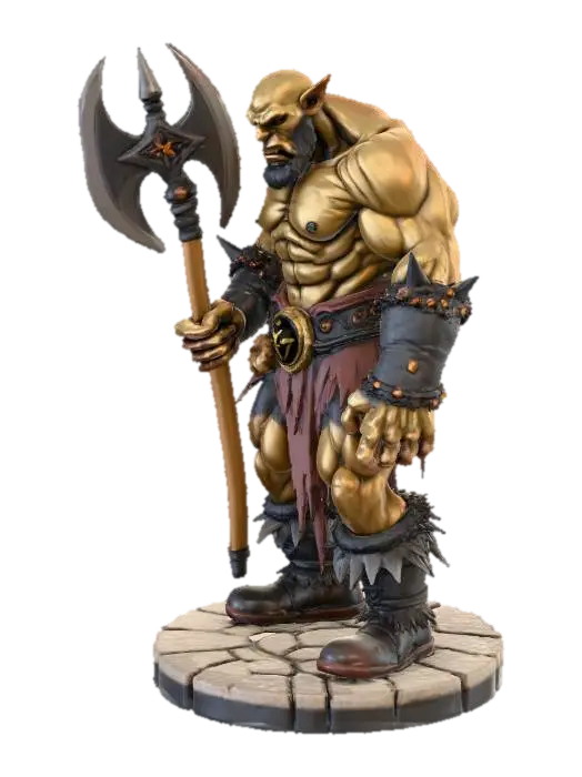 A muscular angry fantasy orc with ragged armor, bare chested, and swinging a double… 3D model, vytvořený pomocí AI
