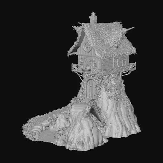 3D model for A fantasy style witches house built into a living tree, with a chimney coming out of it and a path from the front door with a bridge over a creek
