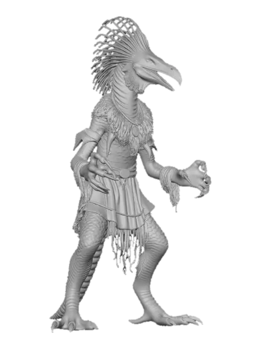 3D model for Reptilian and bird-like creatures with long necks and six limbs (four arms, two legs),and a tail, having scalier, more reptilian bodies, beak-like jaws, and prominent eyebrow tall bipeds, possessing both avian and reptilian features. They dress in elaborate (but threadbare) garments and robes of lace, velvet, and brocade to conceal their frail, rotting bodies while also appearing large and more intimidating.Their heads are beaked and vulturine in form, while also sporting sharp teethTheir gluttony gives them enlarged bellies, and they have long, lizard-like tails, as well as curved quills on their backs. nly one functional pair as the other has become vestigial. This second pair of arms were, initially, wing-like before eventually withering and atrophying