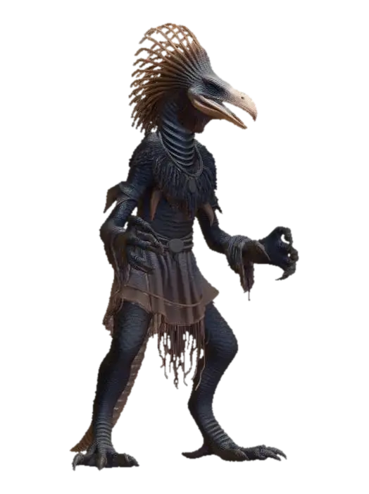 3D model for Reptilian and bird-like creatures with long necks and six limbs (four arms, two legs),and a tail, having scalier, more reptilian bodies, beak-like jaws, and prominent eyebrow tall bipeds, possessing both avian and reptilian features. They dress in elaborate (but threadbare) garments and robes of lace, velvet, and brocade to conceal their frail, rotting bodies while also appearing large and more intimidating.Their heads are beaked and vulturine in form, while also sporting sharp teethTheir gluttony gives them enlarged bellies, and they have long, lizard-like tails, as well as curved quills on their backs. nly one functional pair as the other has become vestigial. This second pair of arms were, initially, wing-like before eventually withering and atrophying