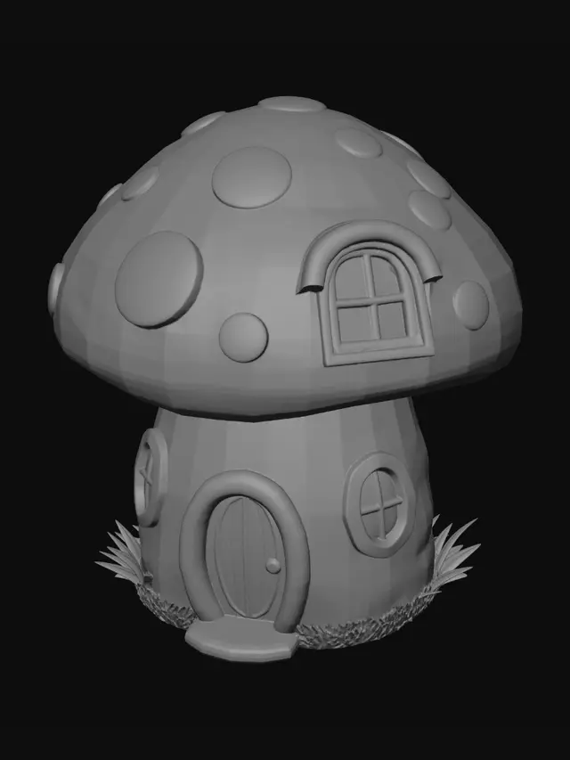 3D model for a fat mushroom house for 3d printing,
with 1 door 2 windows in the ground floor and 1 window in the 1st floor