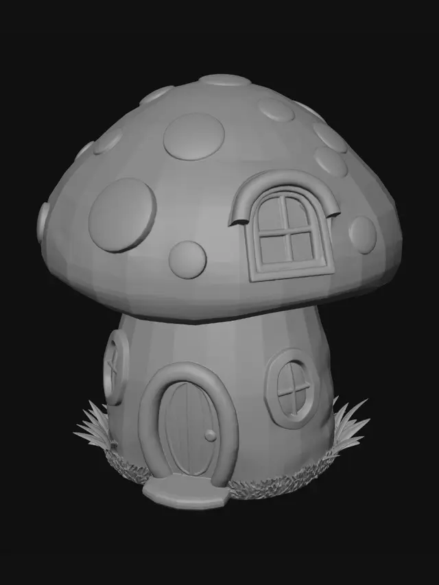 3D model for a fat mushroom house for 3d printing,
with 1 door 2 windows in the ground floor and 1 window in the 1st floor