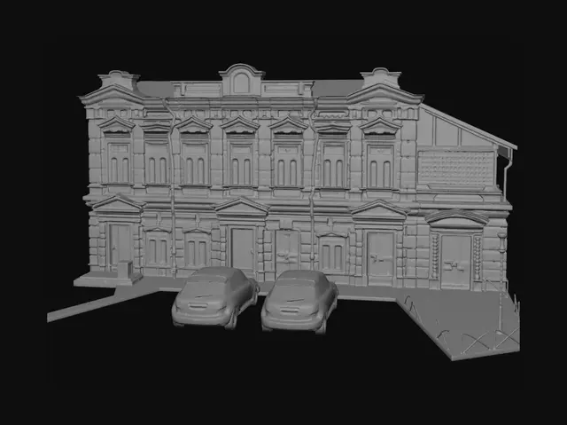 3D model for Red Brick Facade Amid Modern Buildings