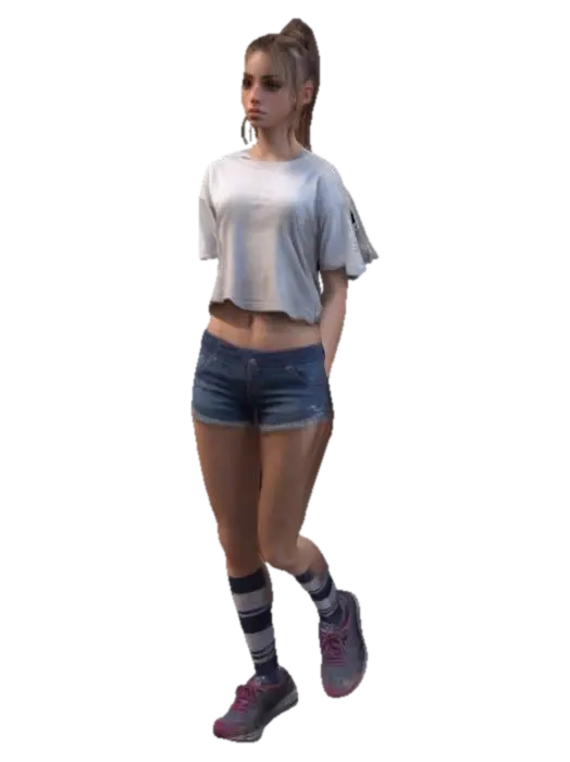 3D model for  Young woman, pretty, skimpy t-shirt, skimpy shorts, trainers, socks, ultra detailed body, high detailed face, high definition, defined eyes, hard edges, angular, sharp, defined, ponytail hair