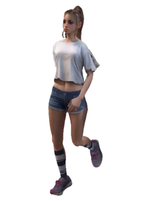 3D model for  Young woman, pretty, skimpy t-shirt, skimpy shorts, trainers, socks, ultra detailed body, high detailed face, high definition, defined eyes, hard edges, angular, sharp, defined, ponytail hair