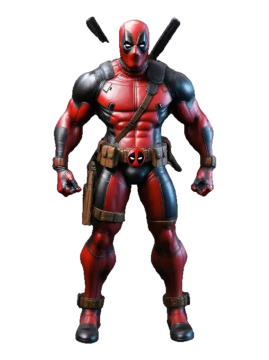 a highly detailed, 3d model of Deadpool stood unarmed in a dynamic action pose.… 3D model, vytvořený pomocí AI