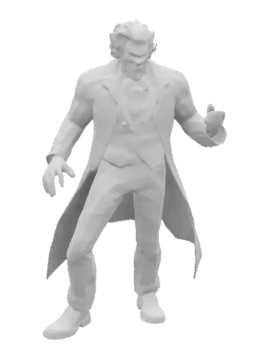 3D model for a high poly, 4k, highly detailed, 3d model of Joker stood unarmed in a dynamic action pose. With no cape. With a design inspired by Greg Capullo, Neal Adams and Jim Aparo.