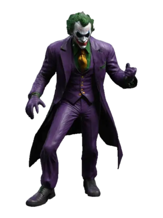 3D model for a high poly, 4k, highly detailed, 3d model of Joker stood unarmed in a dynamic action pose. With no cape. With a design inspired by Greg Capullo, Neal Adams and Jim Aparo.
