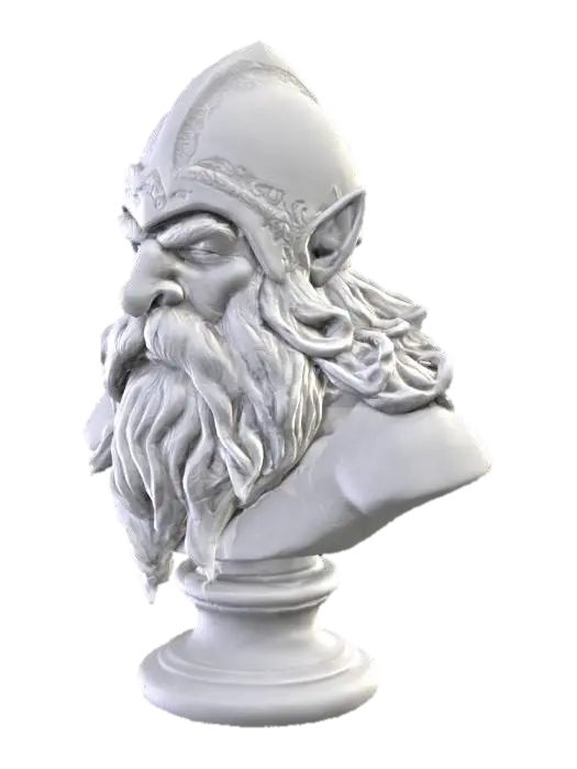 3D model for 
LOTR ; different beards , 
Create a 3D model of a mythical dwarven from hobbit and lord of the ring lore bust with a detailed beard and helmet. The material should resemble white marble, with smooth lines and intricate metallic textures on the helmet. The face should have deep details and sharp contoursThe model should reflect the sturdy and proud nature of dwarves, with a strong stance and determined expression
