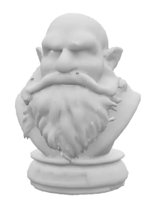3D model for Название: Бюст гнома Материал: Камень, металл или бронза Стиль: Фэнтезийный, вдохновленный вселенной «Властелин колец» Детализация: Высокая детализация лица, текстура кожи и бороды, выразительные черты Форма: Гном с лысой головой, крупным носом и густой бородой с косами Основание: Круглая подставка с выгравированными дварфийскими рунами вместо текста Размер: Оптимизировано для шахматной фигуры

