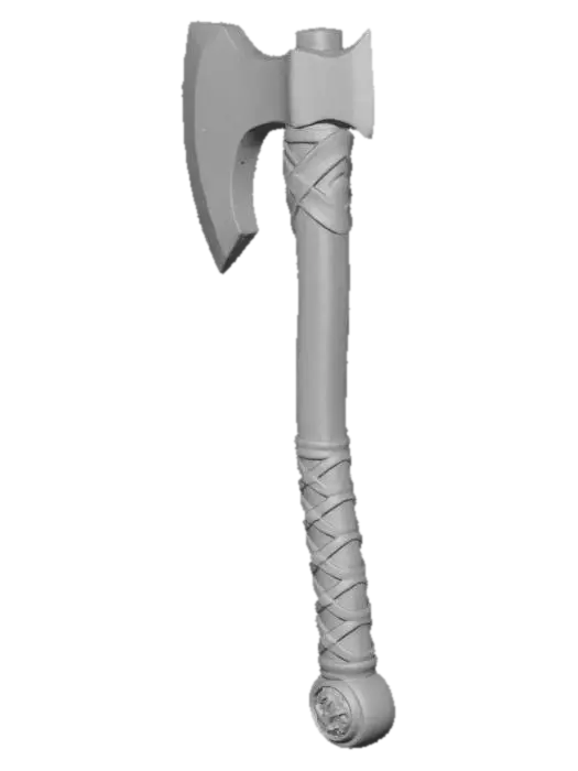 3D model for A finely crafted battle axe with a broad, polished steel head exhibiting subtle, hammered textures along its sharpened edge. The dark, aged wooden handle is intricately carved with a crisscross grip pattern, showing visible wood grain and minor wear, and is bound at the top with rustic leather straps. A small, ornate pommel of tarnished silver caps the base of the handle, featuring a faint mythological beast engraving.