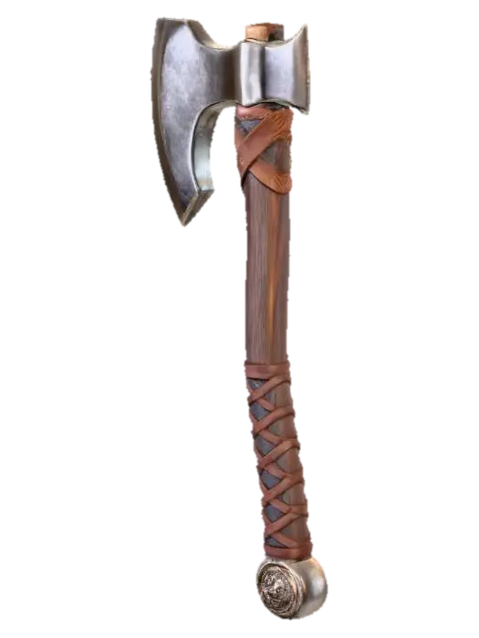 3D model for A finely crafted battle axe with a broad, polished steel head exhibiting subtle, hammered textures along its sharpened edge. The dark, aged wooden handle is intricately carved with a crisscross grip pattern, showing visible wood grain and minor wear, and is bound at the top with rustic leather straps. A small, ornate pommel of tarnished silver caps the base of the handle, featuring a faint mythological beast engraving.