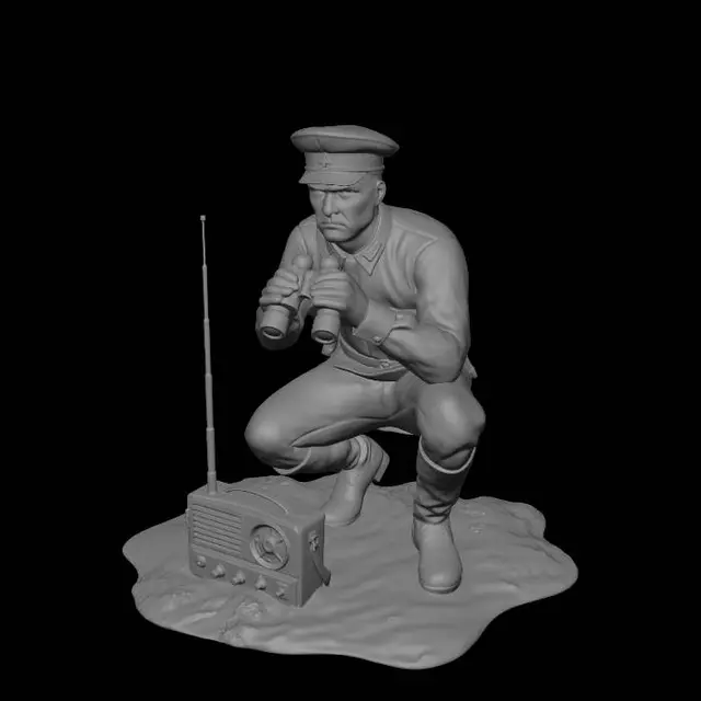 3D model for Soviet officer in Afghanistan looking through binoculars. Radio set on the ground near him. white background.