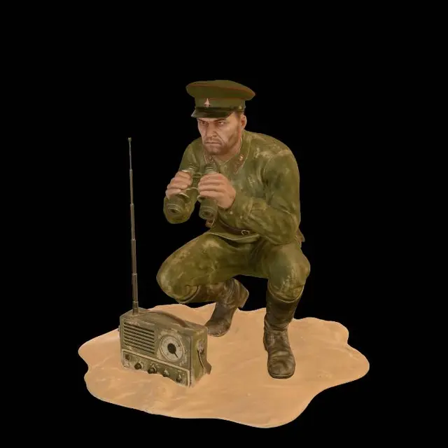 3D model for Soviet officer in Afghanistan looking through binoculars. Radio set on the ground near him. white background.