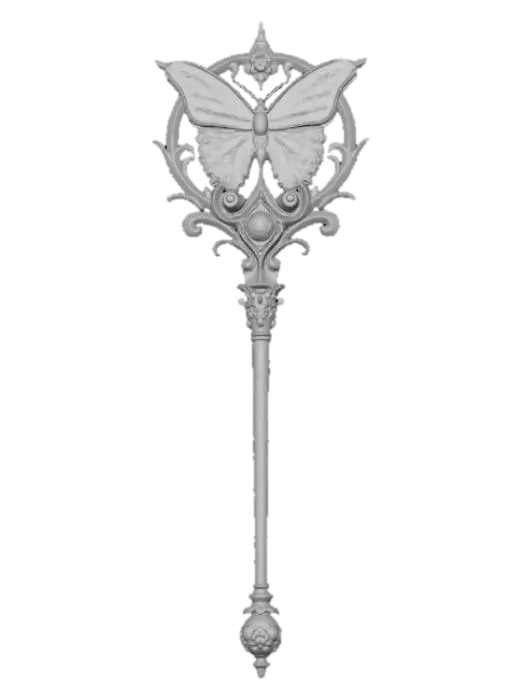 3D model for Fantasy magic wand 3D, ornate metallic handle with butterfly and moon motifs, filigree design, embedded gemstones, dark elegant shaft with gold accents, detailed fantasy craftsmanship, neutral background.