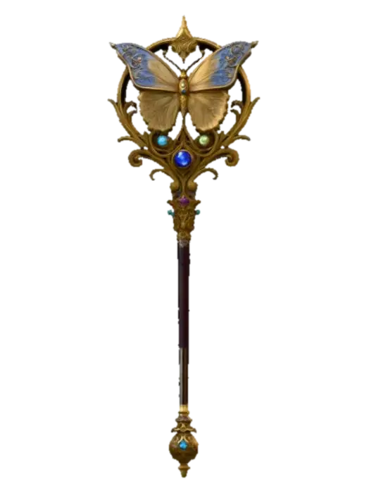 3D model for Fantasy magic wand 3D, ornate metallic handle with butterfly and moon motifs, filigree design, embedded gemstones, dark elegant shaft with gold accents, detailed fantasy craftsmanship, neutral background.