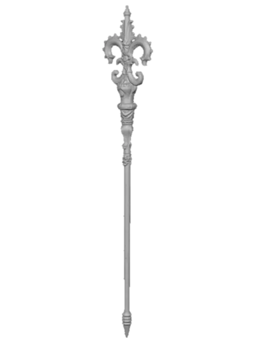 3D model for Fantasy magic wand 3D, ornate metallic handle with fleur-de-lis motif, filigree design, embedded gemstones, dark elegant shaft with gold accents, detailed fantasy craftsmanship, neutral background.