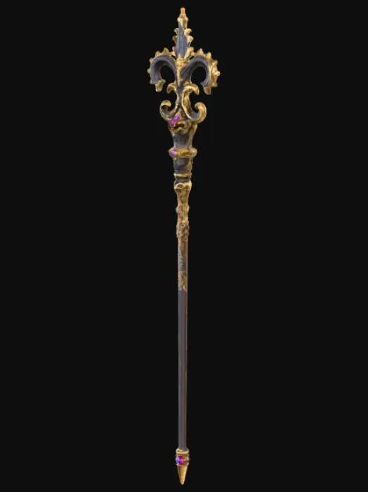 3D model for Fantasy magic wand 3D, ornate metallic handle with fleur-de-lis motif, filigree design, embedded gemstones, dark elegant shaft with gold accents, detailed fantasy craftsmanship, neutral background.