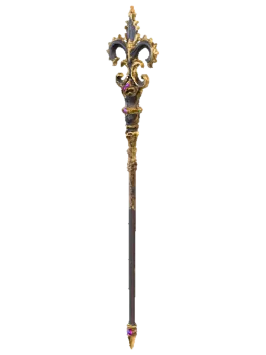 3D model for Fantasy magic wand 3D, ornate metallic handle with fleur-de-lis motif, filigree design, embedded gemstones, dark elegant shaft with gold accents, detailed fantasy craftsmanship, neutral background.