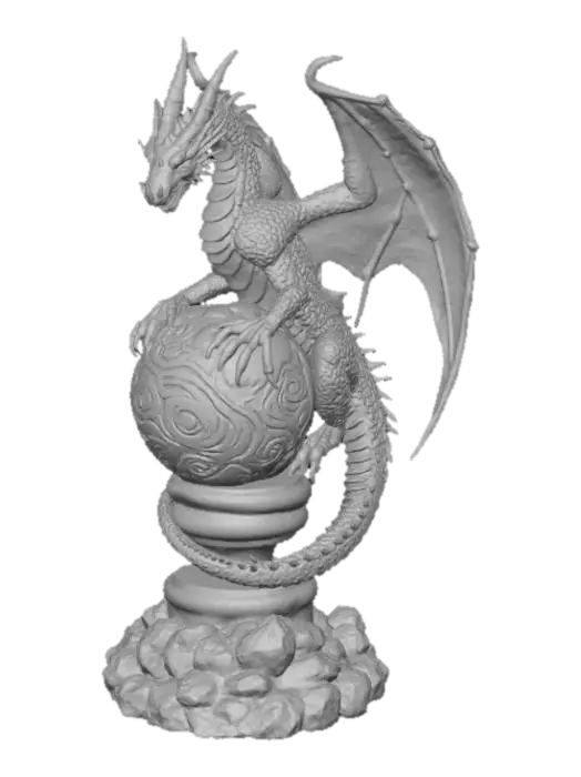3D model for Fantasy dragon statue 3D, dragon crouched protectively around an ornate metallic orb engraved with swirling runes, wings half-spread, tail coiled around the base, detailed scales and claws, resting on a rocky pedestal