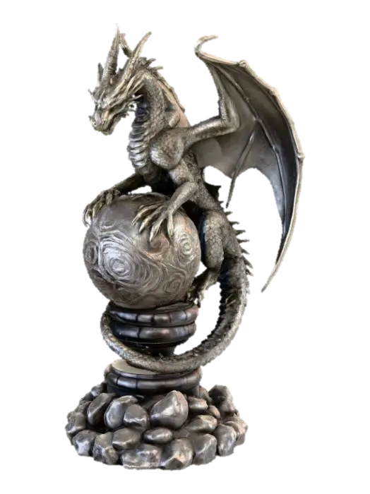 3D model for Fantasy dragon statue 3D, dragon crouched protectively around an ornate metallic orb engraved with swirling runes, wings half-spread, tail coiled around the base, detailed scales and claws, resting on a rocky pedestal
