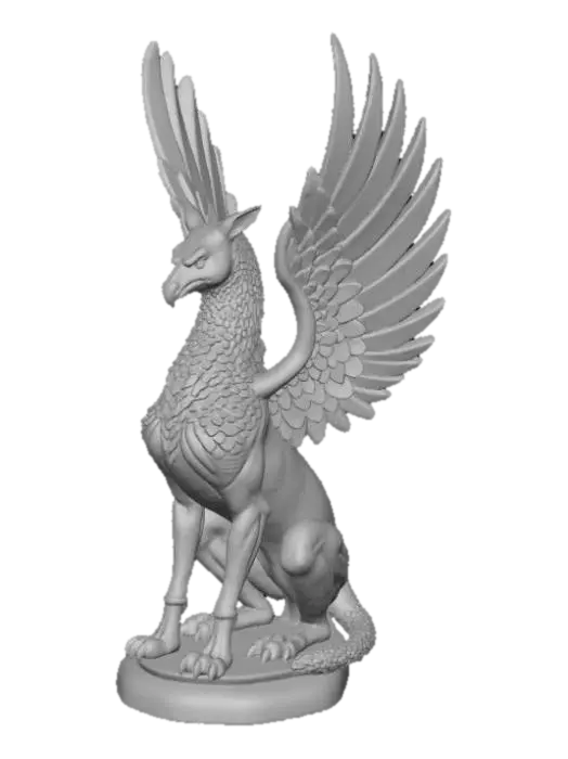 3D model for Fantasy griffin statue 3D, majestic creature sitting upright with large wings spread upward, detailed feathers and muscular body, metallic bronze material, mounted on a round pedestal base, decorative magical artifact.