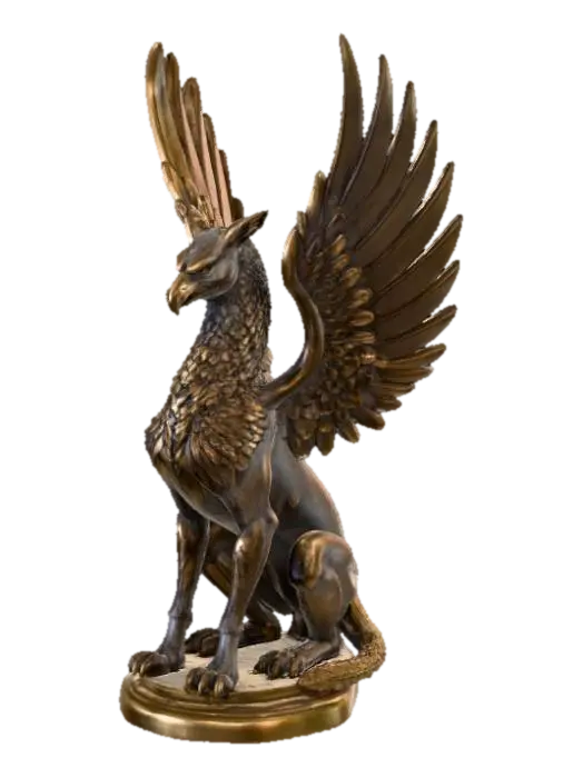 3D model for Fantasy griffin statue 3D, majestic creature sitting upright with large wings spread upward, detailed feathers and muscular body, metallic bronze material, mounted on a round pedestal base, decorative magical artifact.