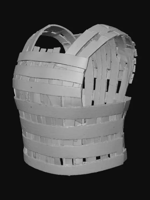 3D model for Un plastron d'armure très légère en cagette de bois :  composé uniquement de bois de parties de fines cagette en bois , structuré comme une cagette de bois (Perpendiculaire et parallèle)  , les bouts de bois ne peuvent qu'être à la verticale ou à l'horizontale mais pas en diagonale . garder de l'espace entre chaque bois de bois, les bouts de bois à l'horizontale doivent être à l'extérieur de l'armure et plus large que les renforts intérieur à la verticale  ( comme sur la cagette en photo)