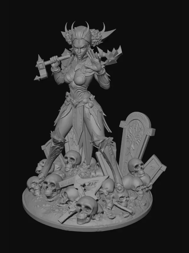 3D model for crea una action figure femminile sexy tipo warhammer age of sigmar ocn martello da guerra che colpisce un goblin. terreno su cuipoggiano formato da lapidi di cimitero rovinate e teschi