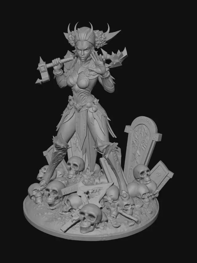 3D model for crea una action figure femminile sexy tipo warhammer age of sigmar ocn martello da guerra che colpisce un goblin. terreno su cuipoggiano formato da lapidi di cimitero rovinate e teschi