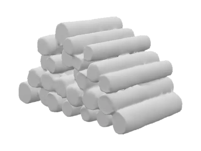 3D model for The image portrays a substantial pile of wooden logs meticulously stacked in an outdoor setting. The logs are cylindrical, with freshly cut ends displaying a light brown to golden-brown interior, marked by subtle growth rings. The outer bark varies in texture and color, ranging from dark brown to grayish tones, indicating different tree species or stages of drying. The stack is arranged in a slightly curved, tiered formation, with the logs placed horizontally and overlapping to ensure stability. The pile extends vertically and horizontally, creating a dense, uniform structure.