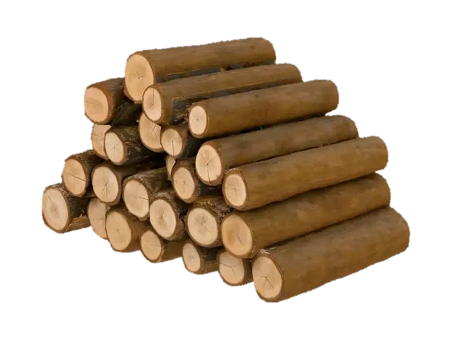 3D model for The image portrays a substantial pile of wooden logs meticulously stacked in an outdoor setting. The logs are cylindrical, with freshly cut ends displaying a light brown to golden-brown interior, marked by subtle growth rings. The outer bark varies in texture and color, ranging from dark brown to grayish tones, indicating different tree species or stages of drying. The stack is arranged in a slightly curved, tiered formation, with the logs placed horizontally and overlapping to ensure stability. The pile extends vertically and horizontally, creating a dense, uniform structure.