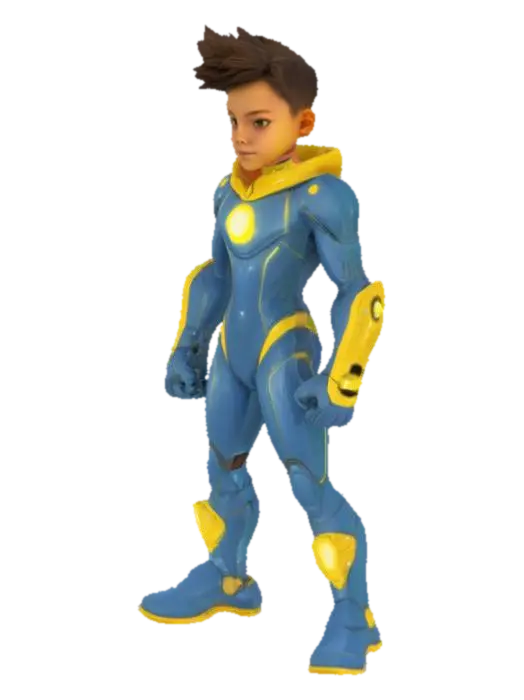 Modello 3D This image features a young person wearing a shiny blue and yellow futuristic suit,… - Utopian, generato dall’IA