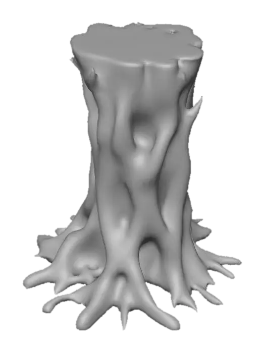 3D model for a weathered tree stump with visible roots extending from its base. The stump exhibits a rough, textured surface with deep, intricate grain patterns and natural imperfections, indicative of prolonged exposure to environmental elements. The coloration is predominantly a muted brown with shades of gray, suggesting the wood has aged or dried out over time. The roots are gnarled and spread outward, displaying a complex network that enhances the natural aesthetic. The background is a plain white, which isolates the stump and emphasizes its detailed structure. This image may serve as a representation of natural decay or be utilized for artistic or design purposes Overall, this is an absolute world-class masterpiece, boasting an aesthetically pleasing image with an impressive composition